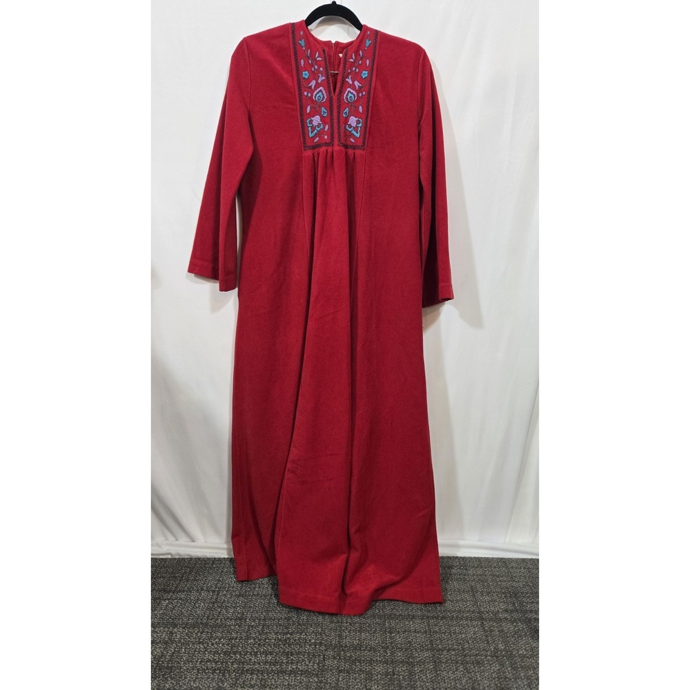 Vintage Kayser Red Velour Maxi Robe Est S Embroidered Zip Front Lounger